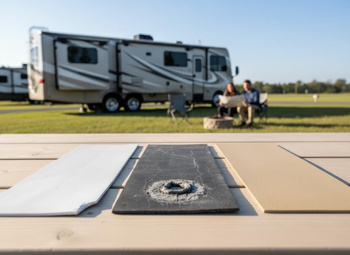 RV Roofing and Siding Material Samples with Camping Background