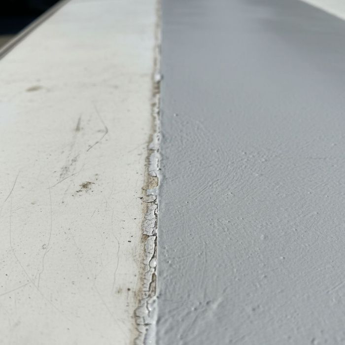 A close-up view of an RV roof shows a clear division between a worn, cracked surface and a newly applied, smooth coating.