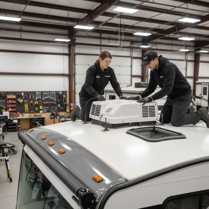 Technicians removing an RV rooftop AC unit inside a spacious workshop