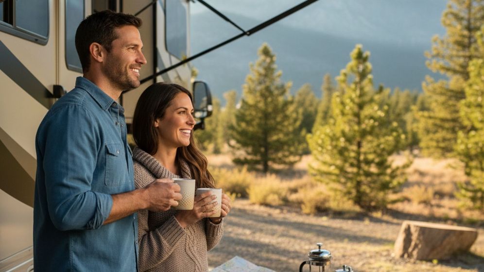 A smiling couple enjoys coffee outside their RV with mountains in the background.