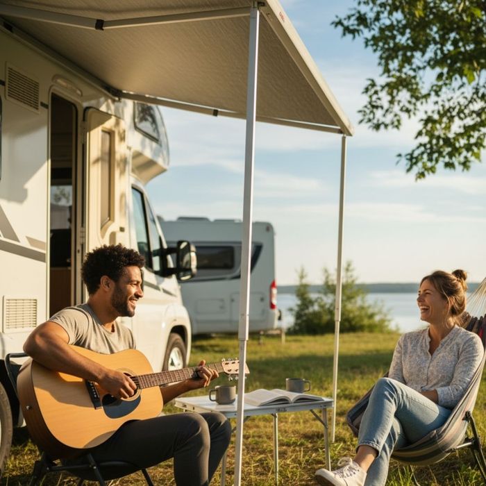 couple sits outside camper at lakefront RV site couple sits outside camper at lakefront RV site