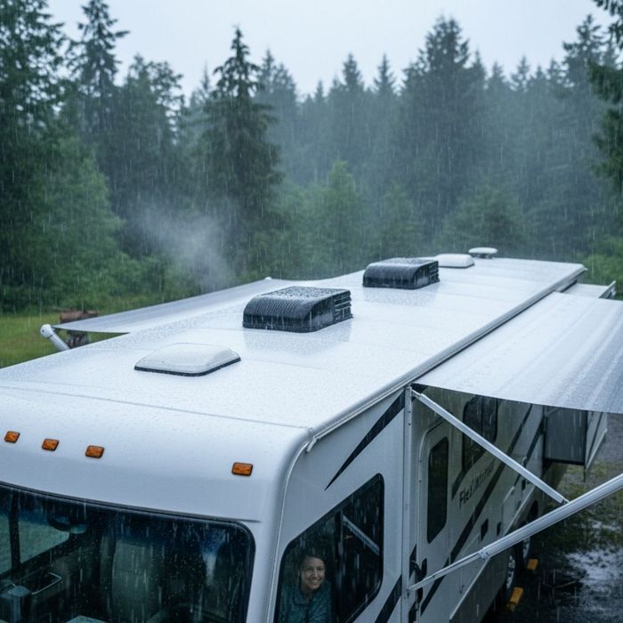 An RV with a FlexArmor roof enduring a light rain shower, showing water beading on the surface.