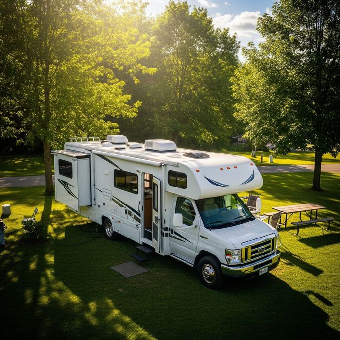 RV parked in sunny campground with sunlight reflecting off bright white FlexArmor roof