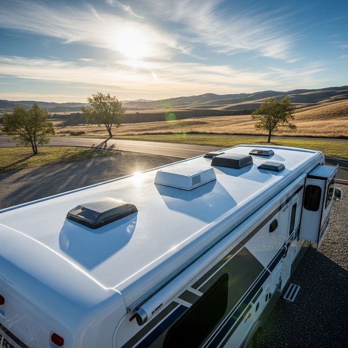 An RV parked in the shade of trees, illustrating reduced heat absorption.