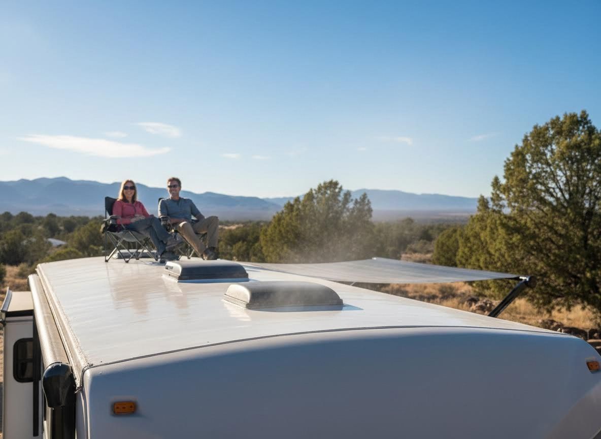 Couple relaxing on RV rooftop with mountain view