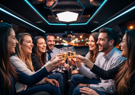 Group of friends celebrating in a limousine