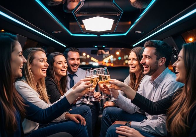 Group of friends celebrating in a limousine