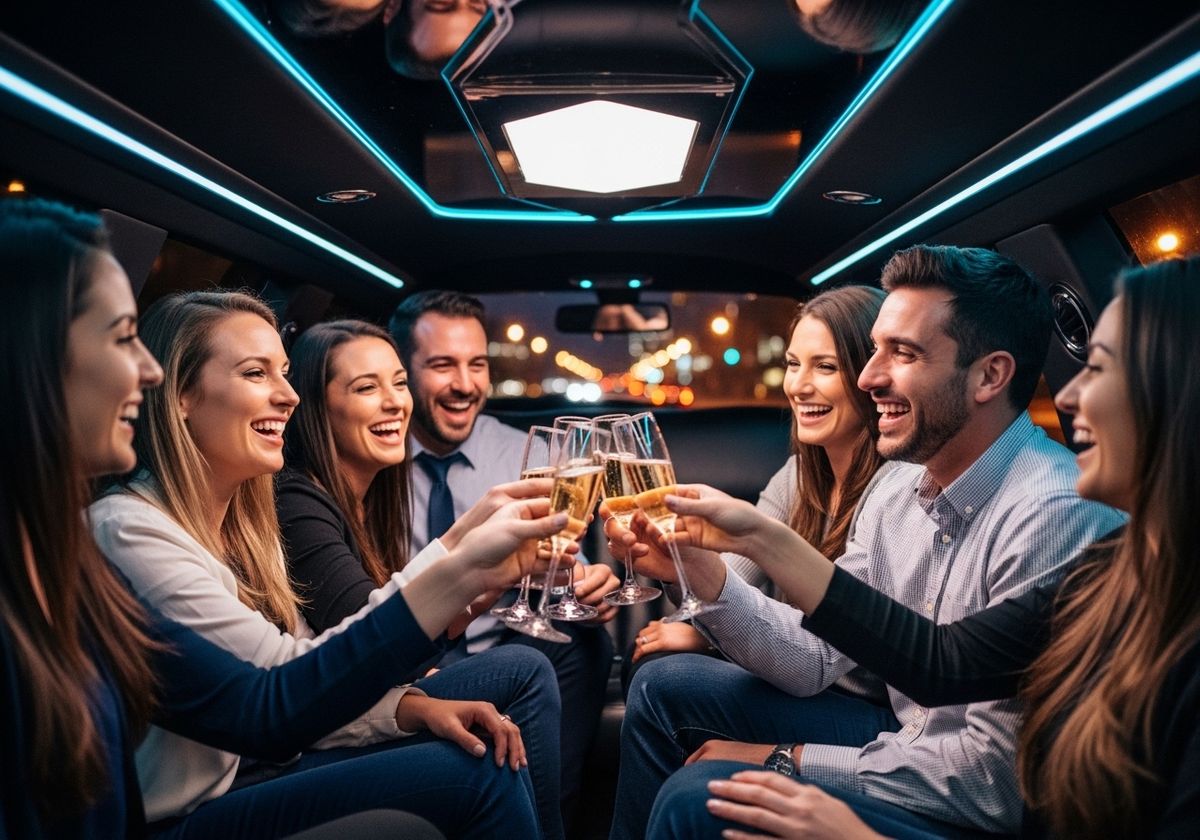 Group of friends celebrating in a limousine