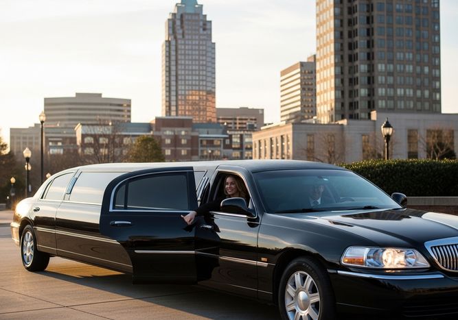 Woman exiting a limousine in a cityscape