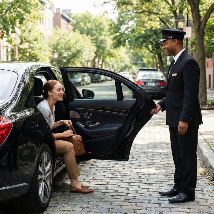 A chauffeur holding a luxury car door open for a relaxed passenger at a curbside.