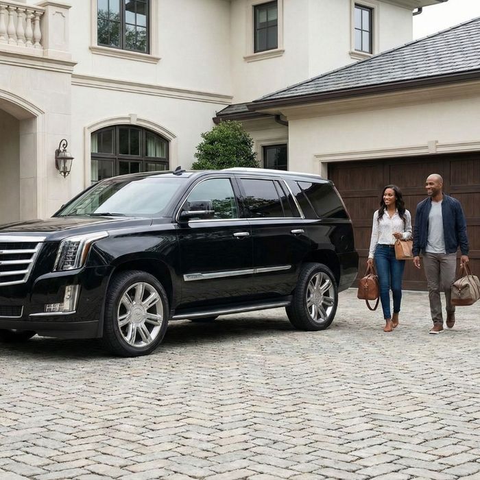 Two travelers approaching a spacious black luxury SUV located on a residential driveway.