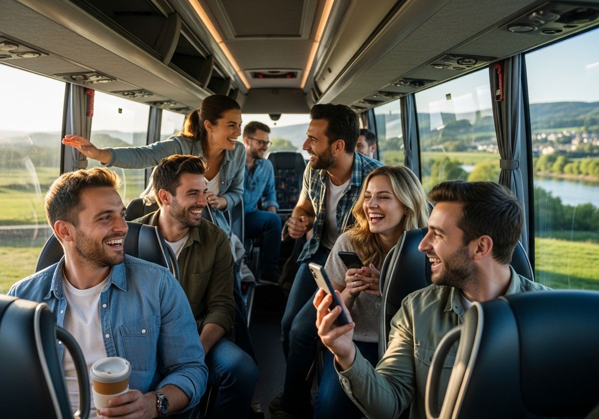 Friends laughing on a bus tour
