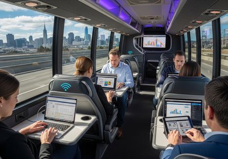 Inside a luxury bus, business professionals commute while working on laptops and tablets. The bus features WiFi, individual workstations, and a television screen displaying charts, providing a mobile office environment against the backdrop of a distant cityscape. Commuting Employees on Luxury Bus with WiFi
