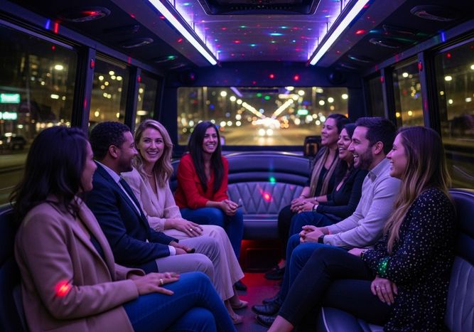 Group of Friends Enjoying a Party Bus Ride