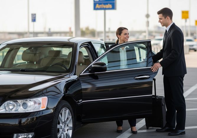Chauffeur assisting woman out of luxury car at airport