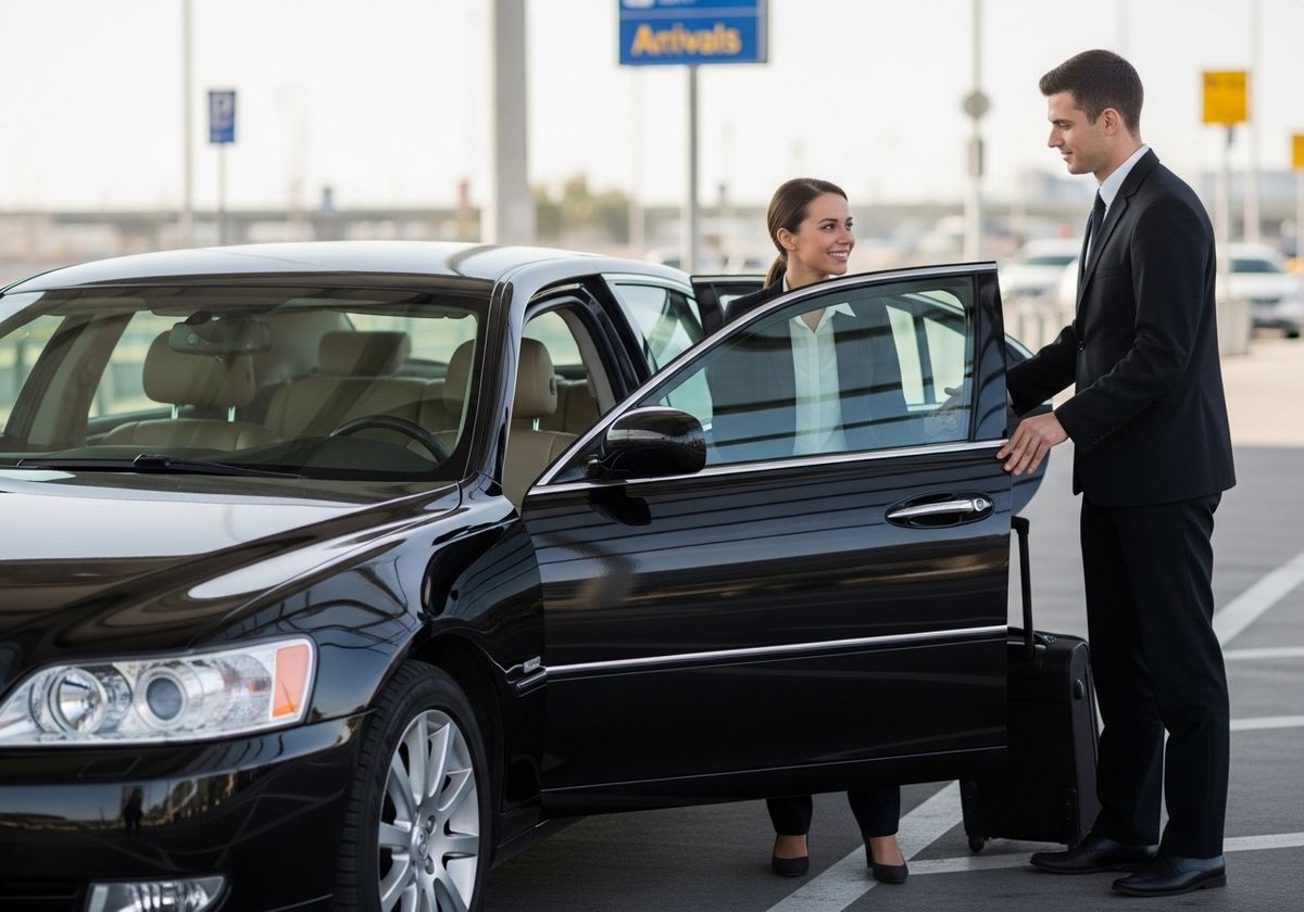 Chauffeur assisting woman out of luxury car at airport