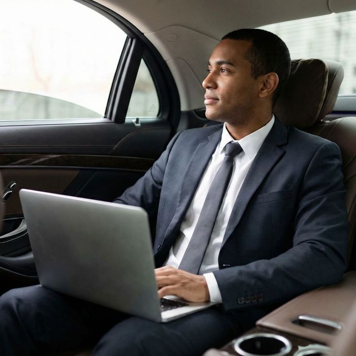 A business traveler relaxing with a laptop in the back seat of a luxury car.