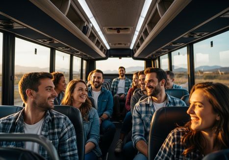 Group of Friends Enjoying a Bus Trip