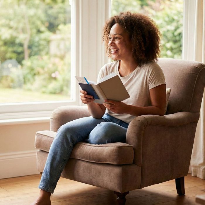 A relaxed traveler holding a passport and guidebook, looking out a window