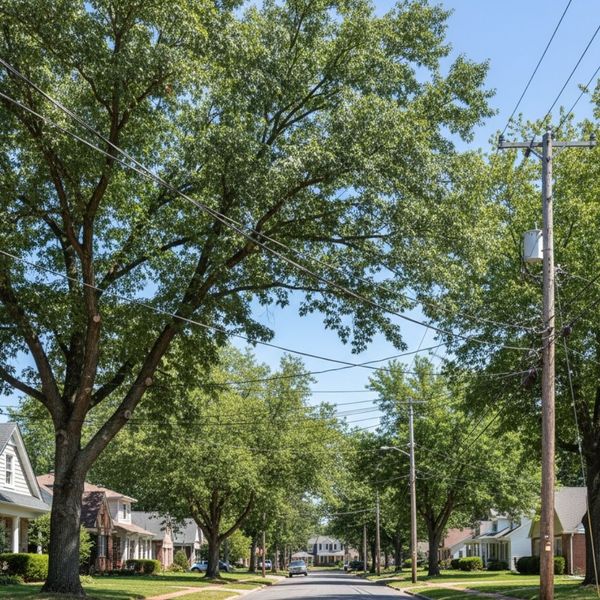 Tree branches extending toward neighborhood power lines, indicating a need for preventative pruning.