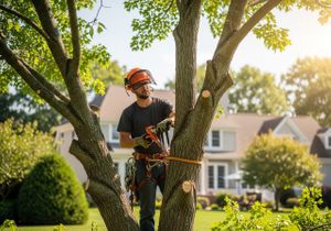 Arborist safely pruning tree branches