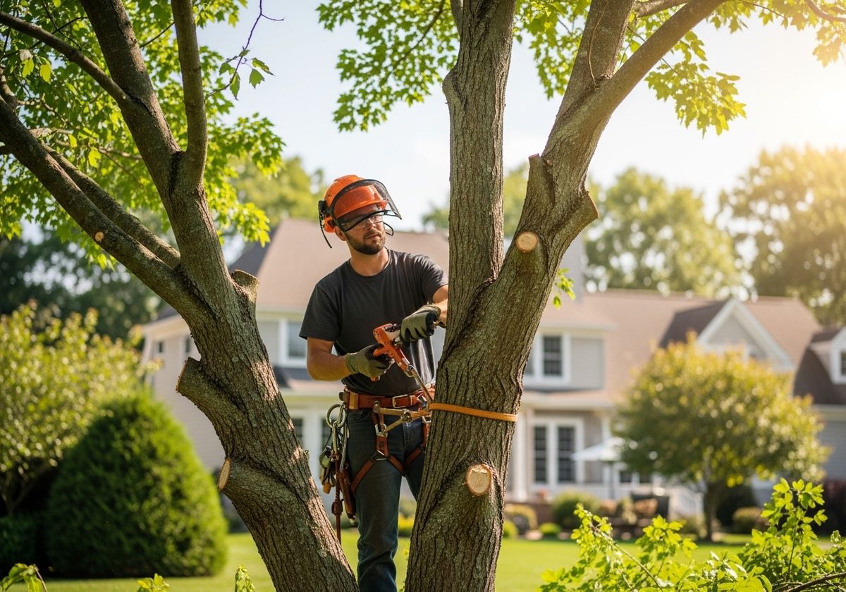 Arborist safely pruning tree branches