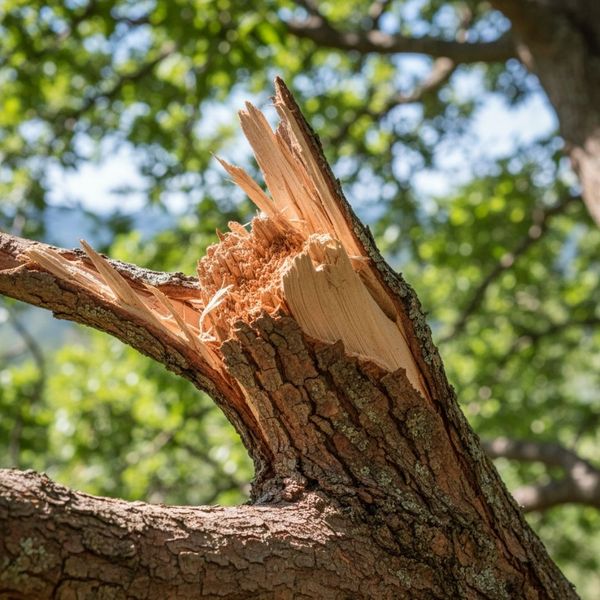 A close-up view of a damaged tree limb needing professional removal to ensure safety.