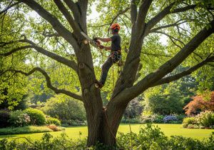Arborist Pruning Tree with Chainsaw
