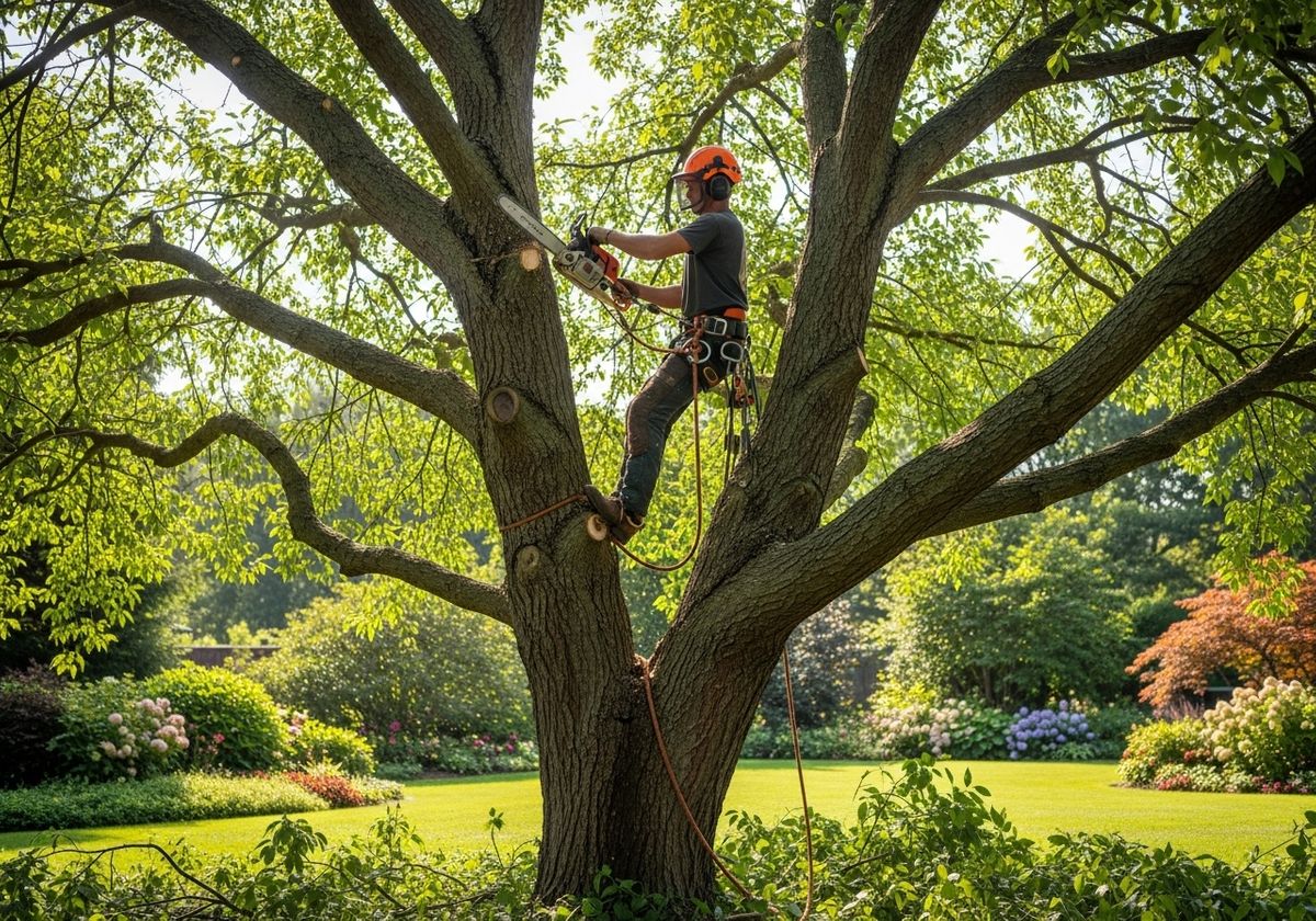 Arborist Pruning Tree with Chainsaw