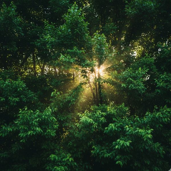 An upward perspective of a thick, overgrown tree crown that requires thinning for better air circulation.