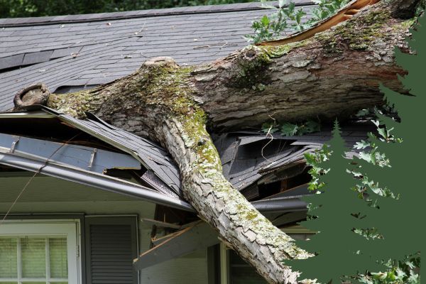 Damaged tree on top of house.