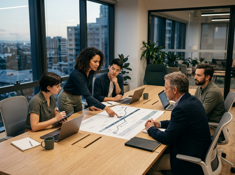 Diverse Business Team Collaborates on Project in Modern Office