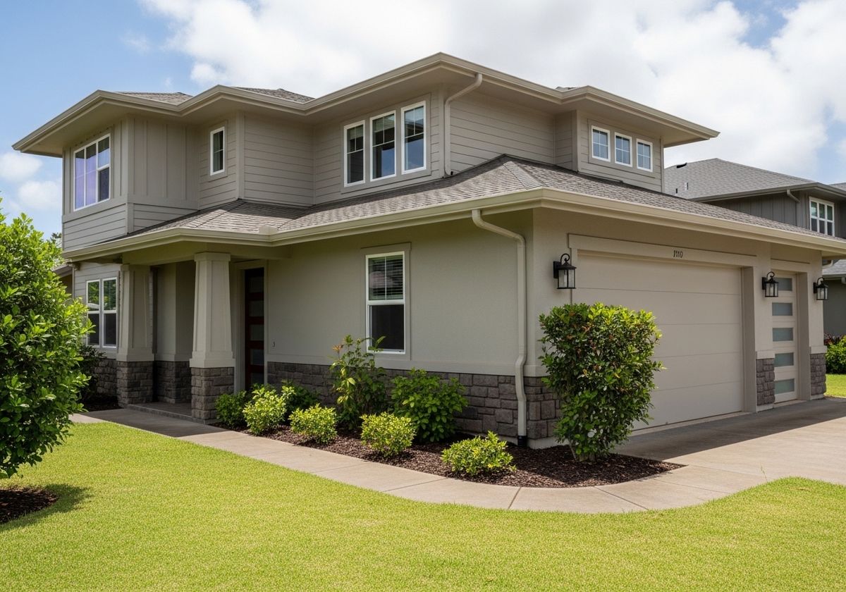 Tan Two-Story Home with Green Lawn