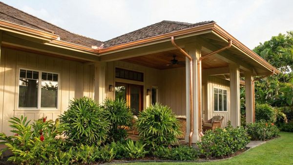 beautiful, tropical Hawaiian home with sunlit copper gutters and downspouts