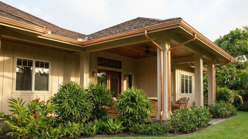 beautiful, tropical Hawaiian home with sunlit copper gutters and downspouts beautiful, tropical Hawaiian home with sunlit copper gutters and downspouts