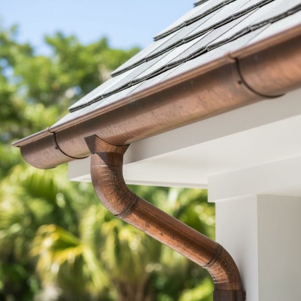 Close-up of naturally weathered copper gutters developing a rich patina. Close-up of naturally weathered copper gutters developing a rich patina.