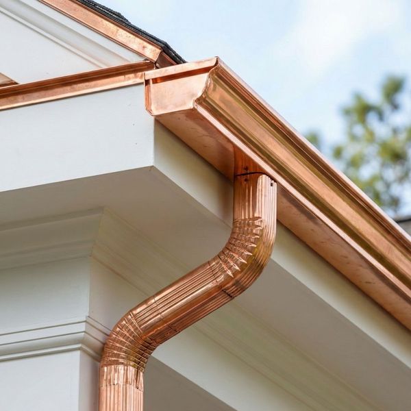 newly installed, brightly polished copper seamless gutters