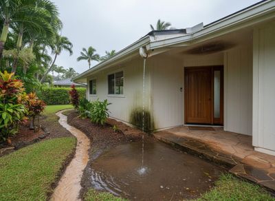 House with Damaged Gutter and Water Runoff