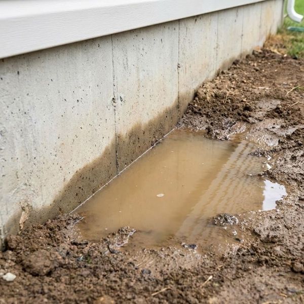 Water pooling next to a concrete house foundation due to poor drainage.