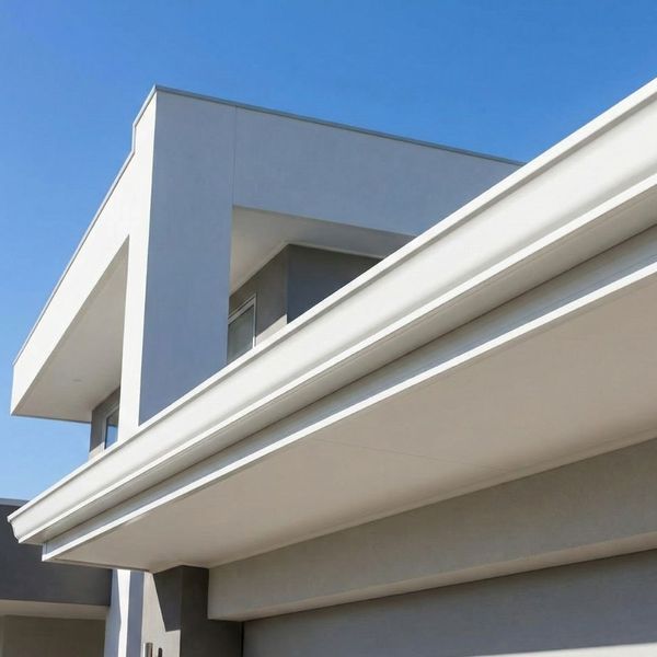 A close-up view of a long, continuous white seamless gutter on the roof of a modern home.