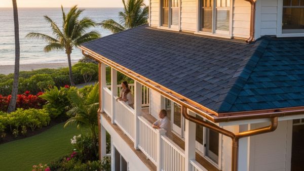 A coastal home with elegant copper rain gutters.