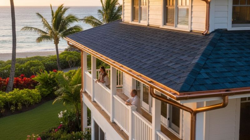 A coastal home with elegant copper rain gutters. A coastal home with elegant copper rain gutters.