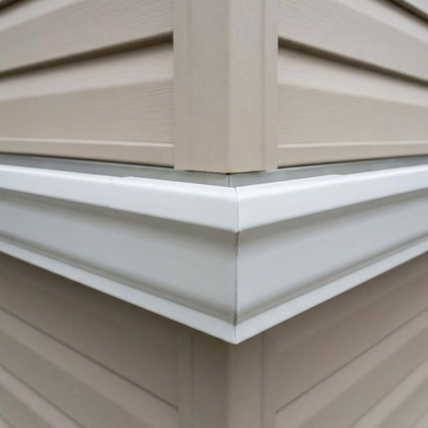 Close-up of a white seamless aluminum gutter corner on a house.