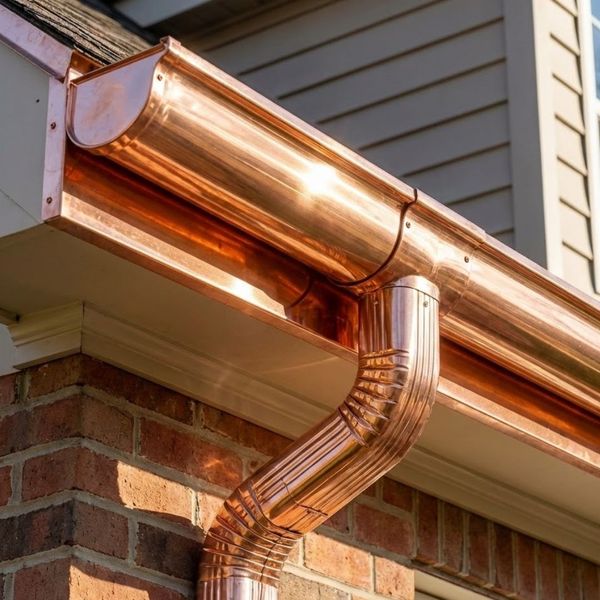 New, shiny copper gutters and downspout installed on a brick home.