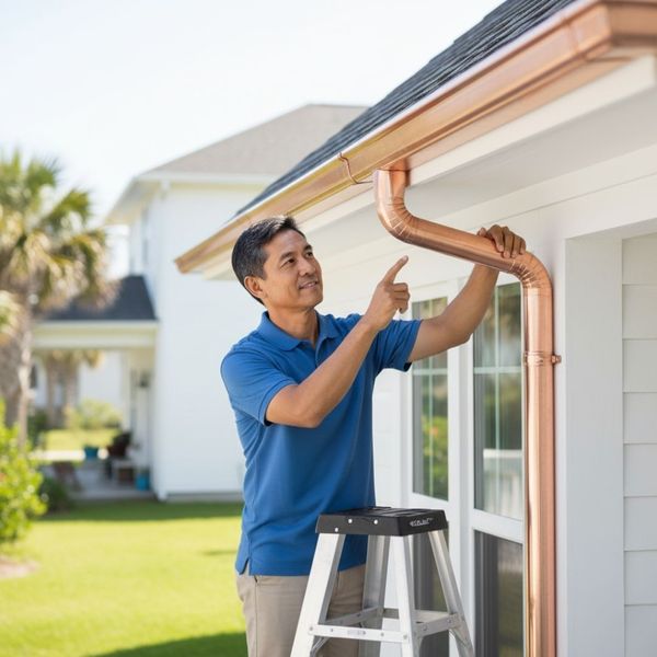 person inspecting new gutters  person inspecting new gutters
