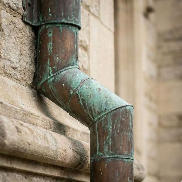 Aged copper downspout showing a green patina finish.