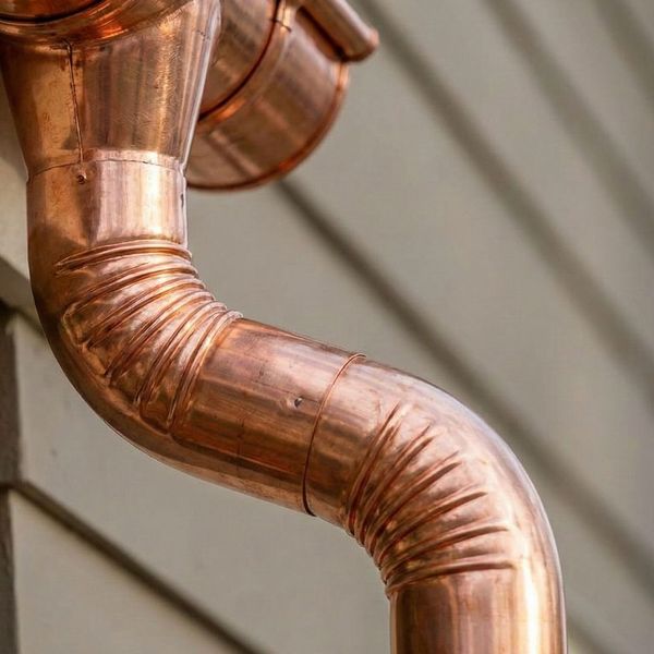 A detailed close-up of a shiny, newly installed copper gutter downspout and elbow.