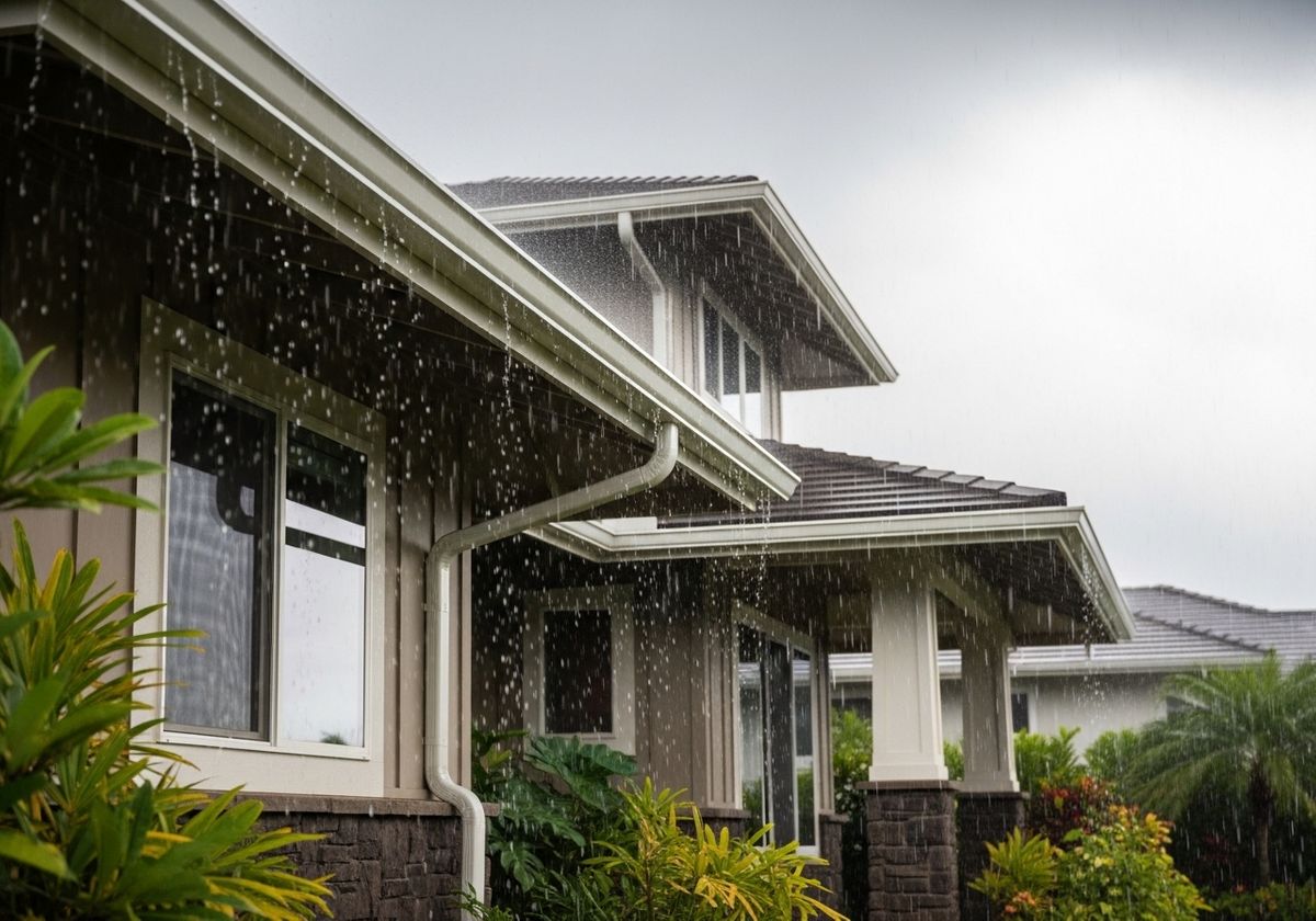 Rainwater cascading from house gutters during a downpour