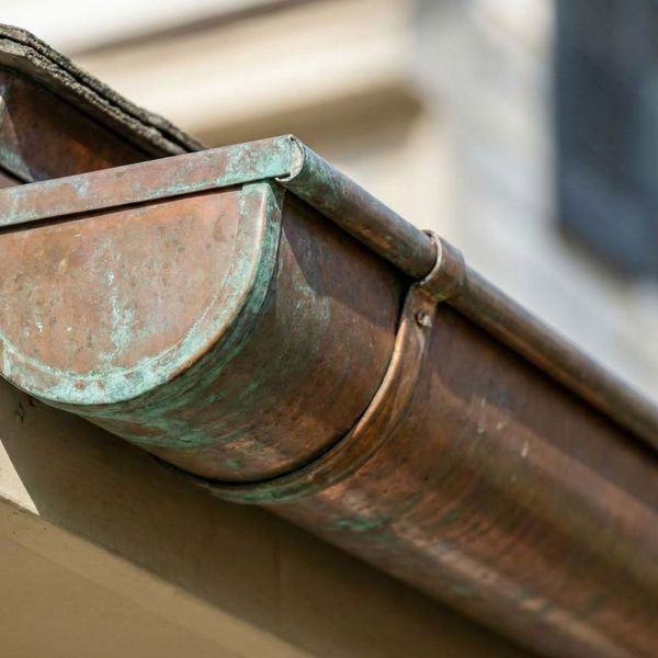 weathered copper gutter with a natural green patina