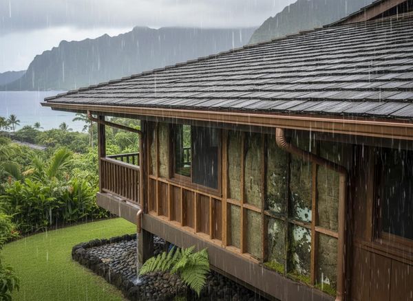 Tropical House in Heavy Rain with Mountain View
